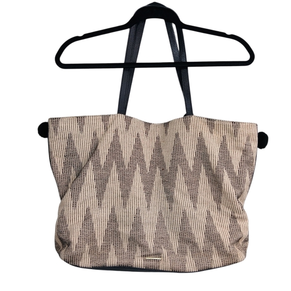 REBECCA MINKOFF Aztec Feel Beach Tote Shoulder Bag Black Beige Tweed Beaded - Picture 3 of 12